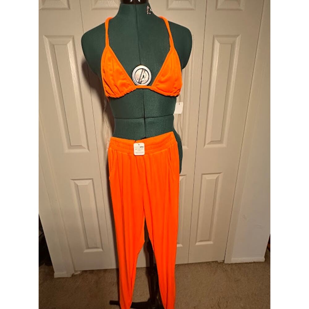 Women's Orange Velour 3 Piece Set Jumpsuit Outfit Statement Lounge Set
